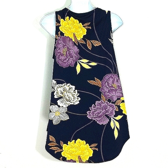 Tank Top Tunic Dark floral print stretch mini Sundress Round Neck Sleeveless - Picture 2 of 6
